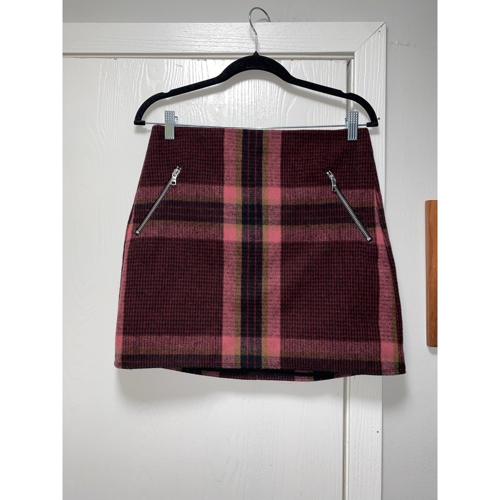 Gap Wool Blend Mini Skirt Pink & Burgundy Plaid Preppy Academia Women's Size 2